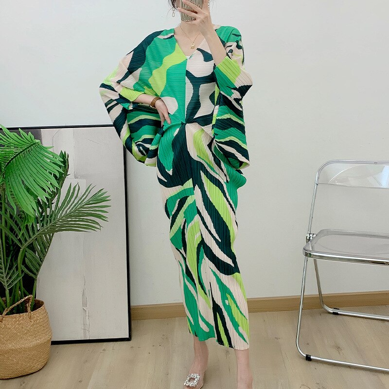 Miyake Pleated Printed Batwing Sleeve Midi Dress