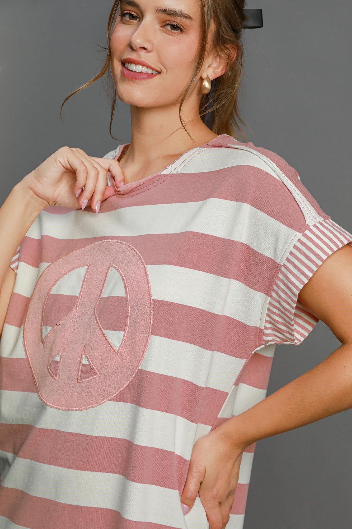 Peace Applique Striped Short Sleeve Mini Dress