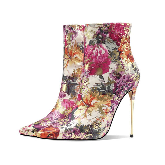Floral Print Stiletto Heel Ankle Boots