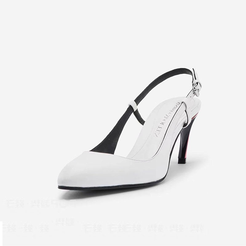 Round head, shallow mouth, slim heel, belt buckle, white sandals style color blocking irregular high heels