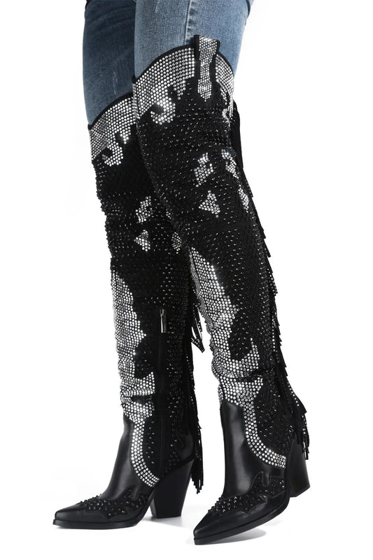 Crystal Tassel Pointed Toe Over-the-Knee Boots
