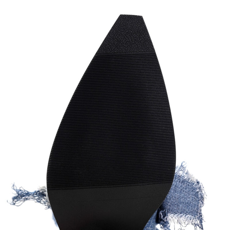 Gradient Pointed Toe Denim Knee High Boots