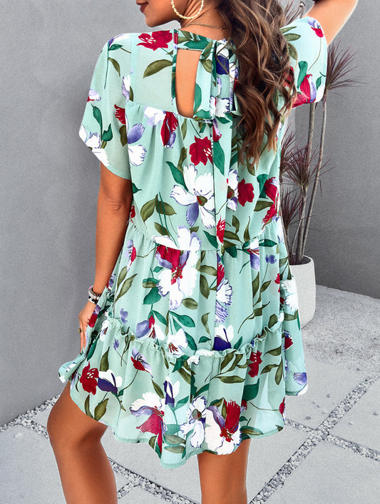 Floral Printed Tiered Tie-Back Mini Dress