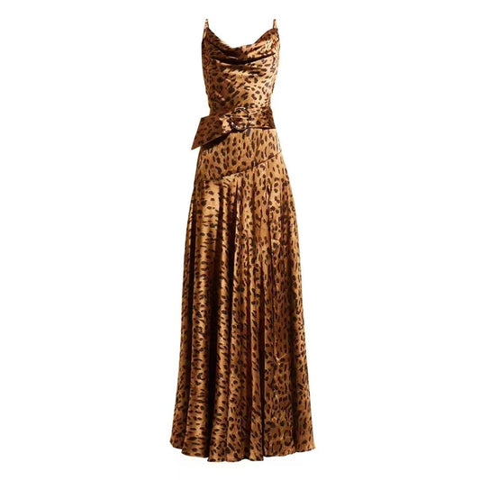 Leopard Print Spaghetti Strap Split Thigh Maxi Dress