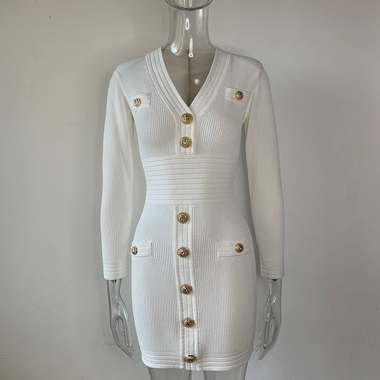 Gold Decorative Buttons Long Sleeve Mini Sweater Dress