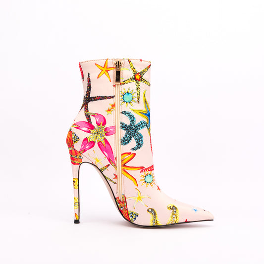Ocean Dream Printed Pointed Toe Ankle Boots