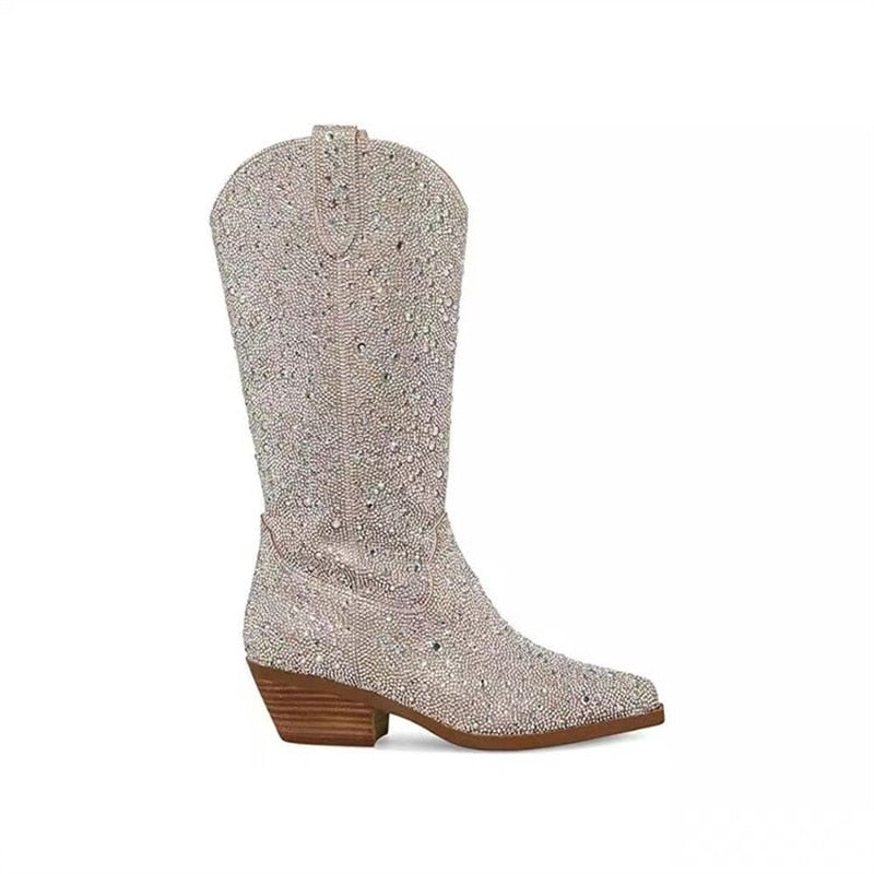 Rhinestone Pointed Toe Mid-Calf Boots