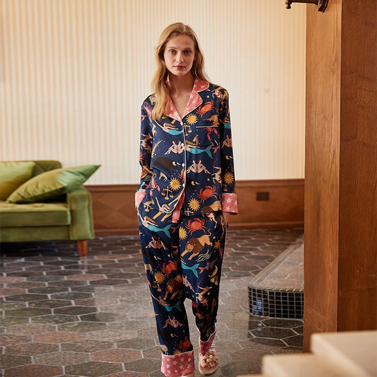 Zodiac Print Simulated Silk Pajama Set