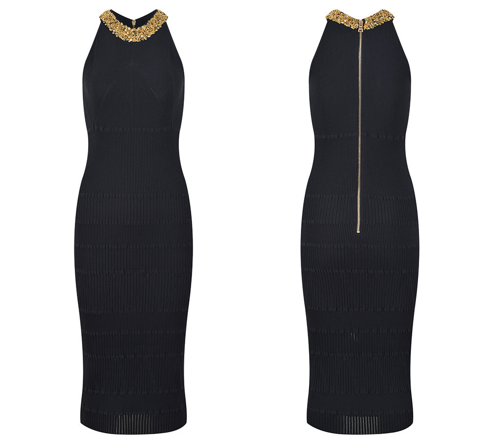 Sequin Beaded Collar Round Neck Sweater Dress