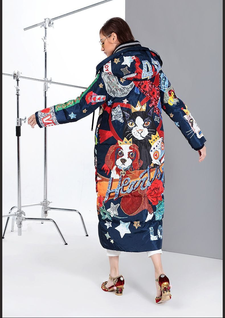 Printed Ribbed Collar Hooded Duck Down Overcoat