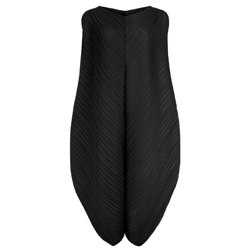 Miyake Pleated Irregular Hem Sleeveless Midi Dress