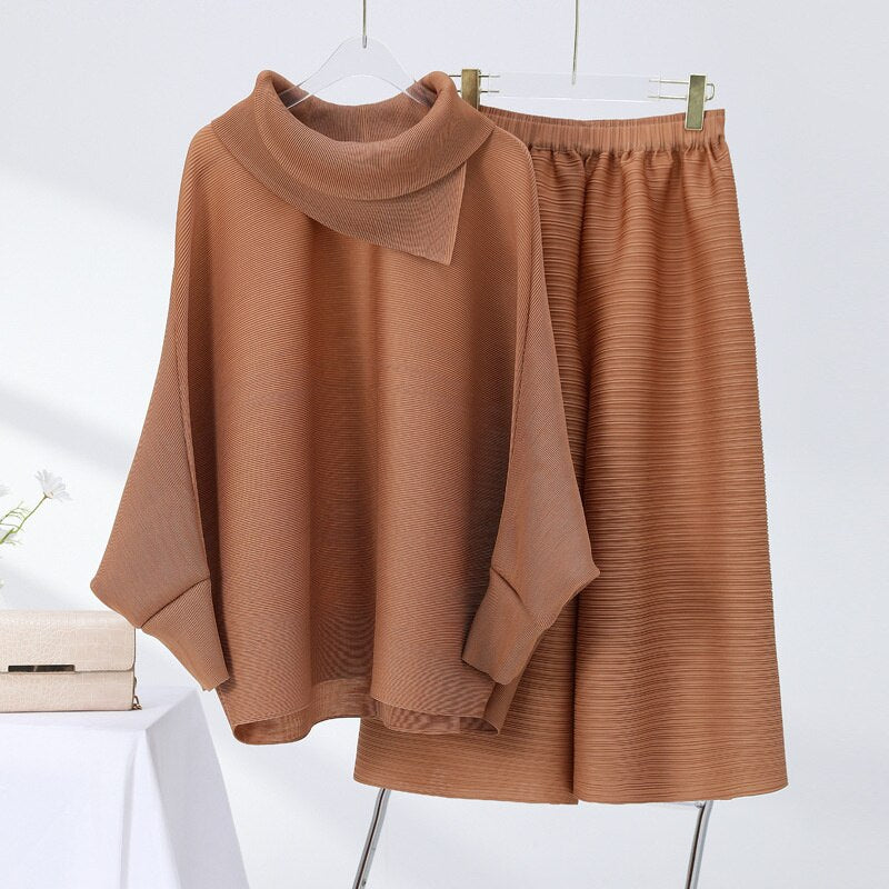 Miyake Pleated Long Sleeve Top and Wide Leg Pants Set