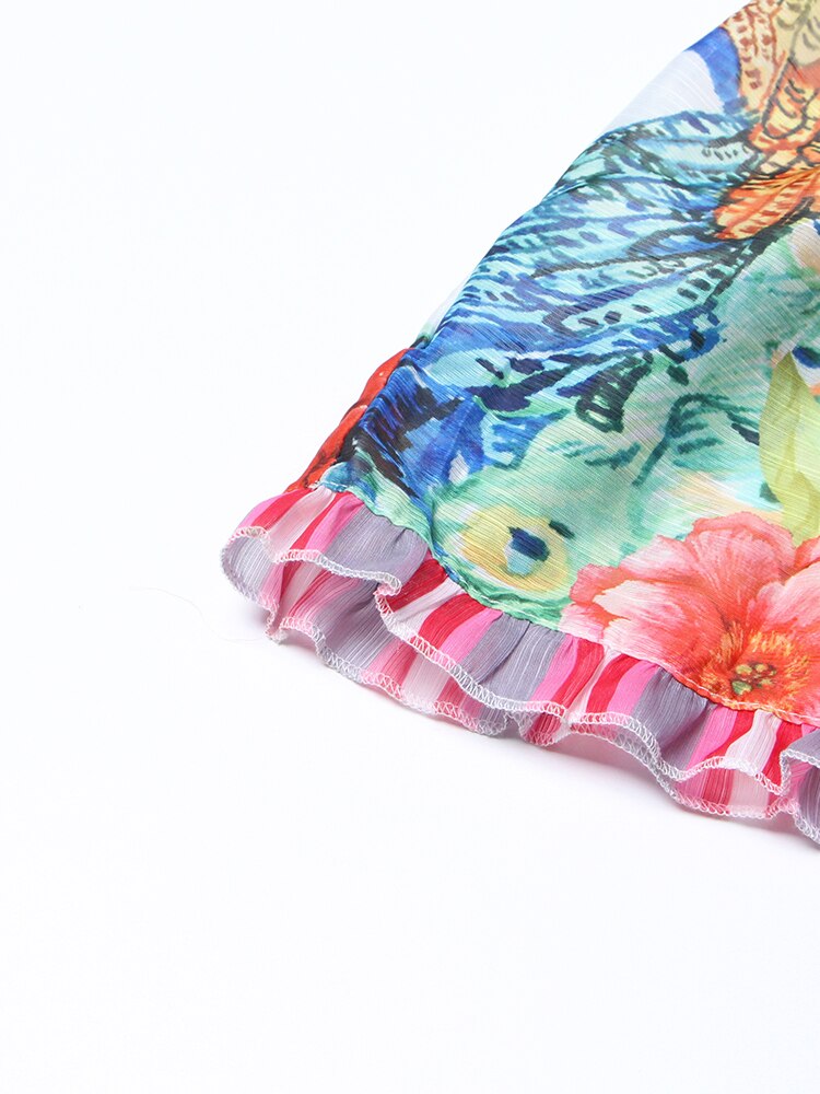 Multicolor Floral Print Lantern Sleeve Midi Dress