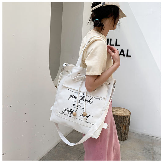Letter Print Canvas Shoulder Bag with Drawstring
