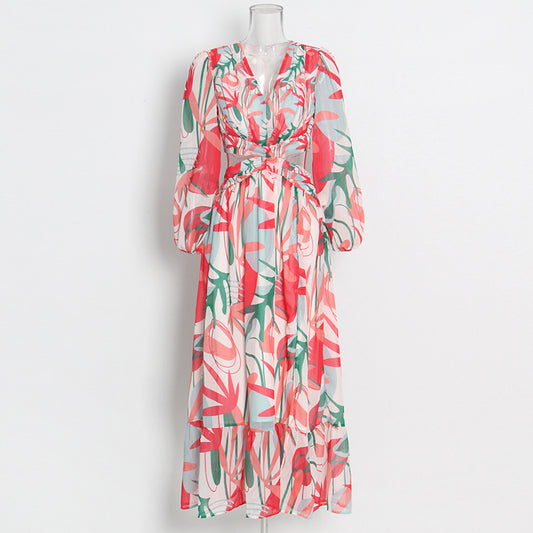 Printed V-Neck Puff Sleeve Cutout Maxi Dress