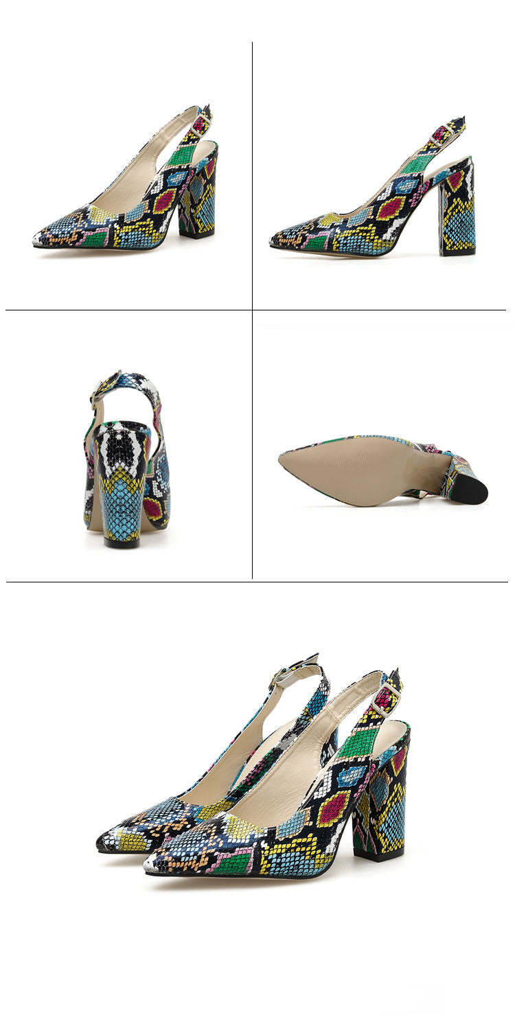 Snakeskin Print Pointed Toe Block Heel Shoes