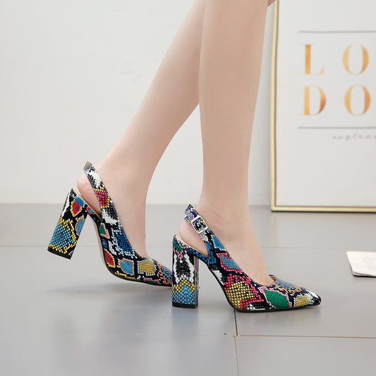 Snakeskin Print Pointed Toe Block Heel Shoes
