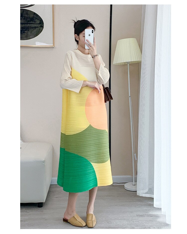 Miyake Pleated Color Block Turtleneck Midi Dress