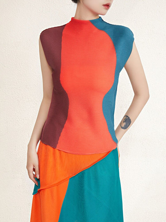 Miyake Pleated Contrast Sleeveless Top and Patchwork Skirt Set