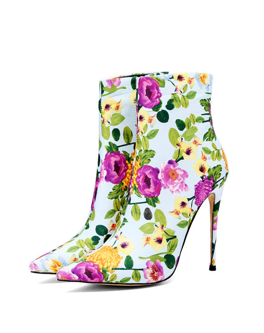 Floral Print Pointed Toe Ankle Boots