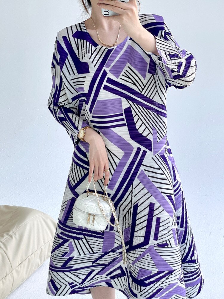 Miyake Pleated Round Neck A-Line Midi Dress