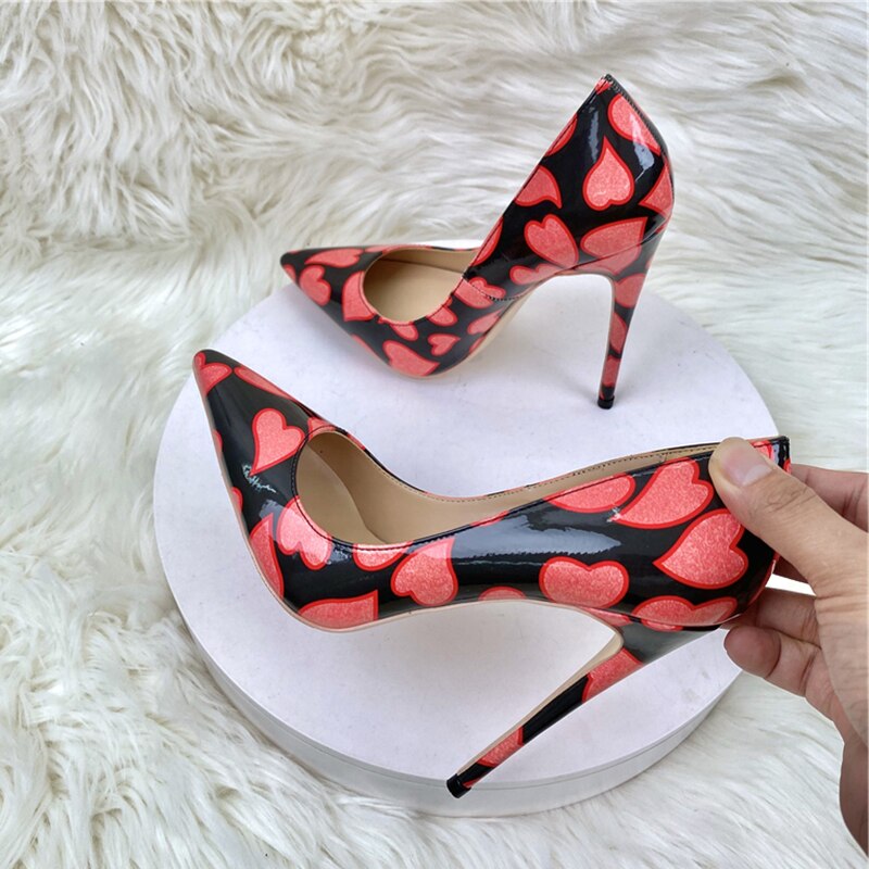 Heart Print Patent Pointed Toe Stiletto Pumps