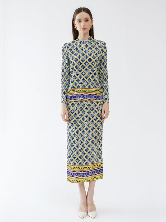 Miyake Pleated Vintage Printed Top and Straight Skirt Set