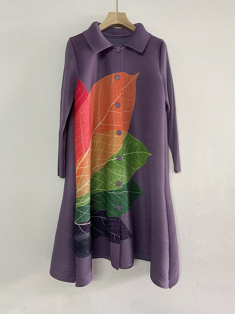 Miyake Pleated Color Block Long Sleeve Shirt Dress