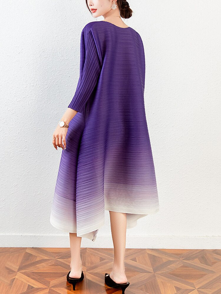 Miyake Pleated Gradient O-neck Irregular Hem Dress