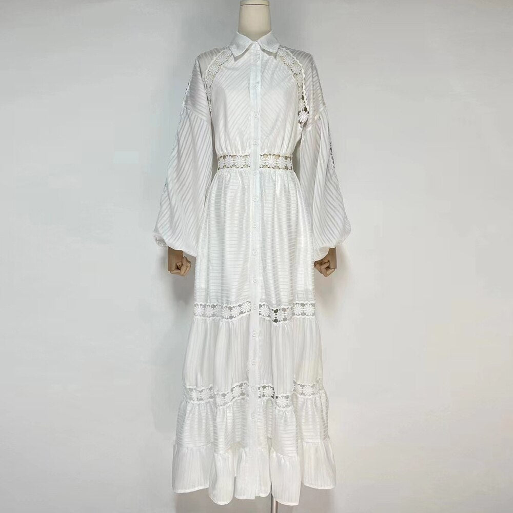 Embroidery Lantern Sleeve Openwork Maxi Dress