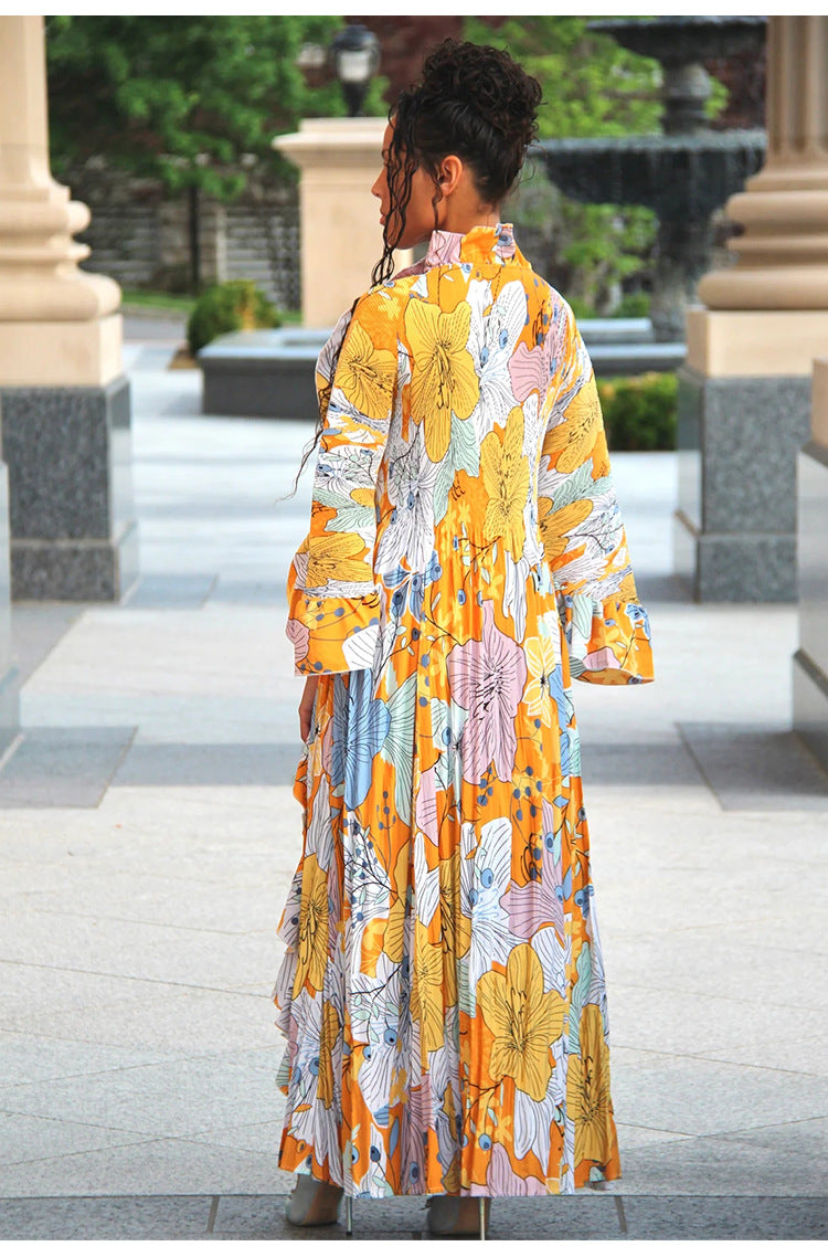 Pleated Ruffled Bat Sleeve Maxi Dress