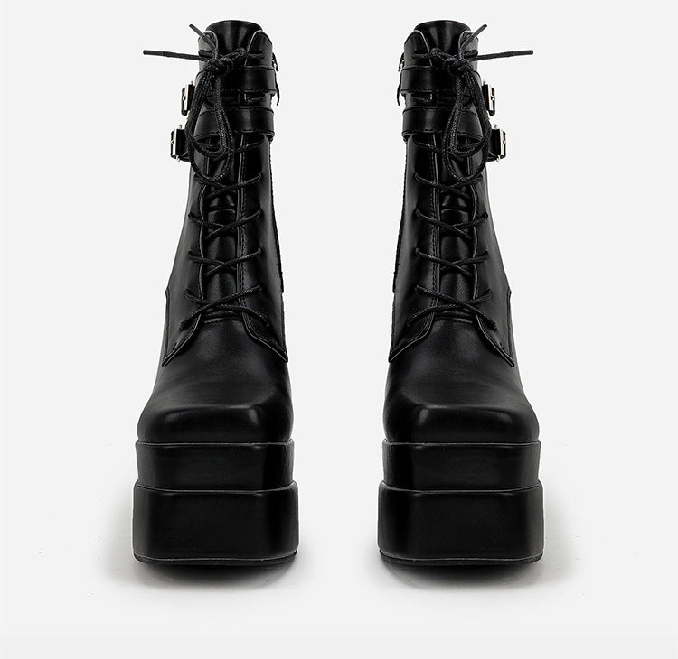Lace-Up Block Heel Platform Mid-Calf Boots