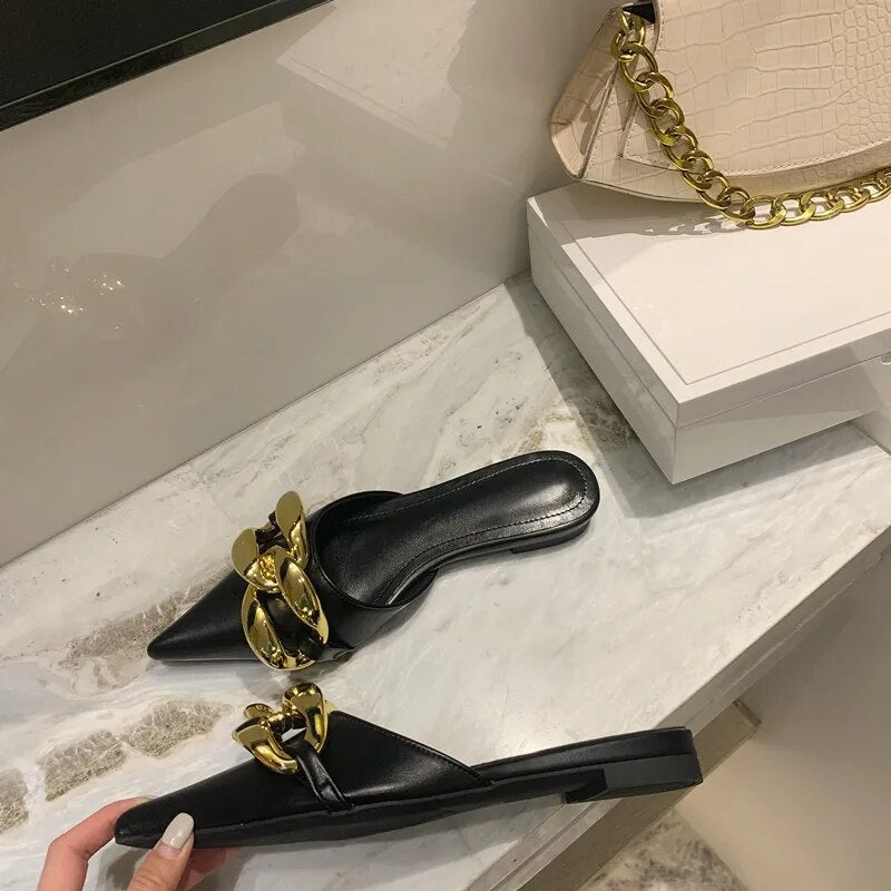 Metal Chain Pointed Toe Mules