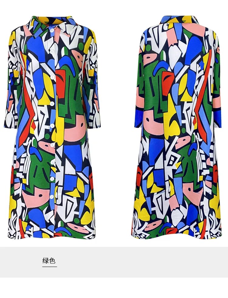Miyake Pleated Geometric Print Midi Dress