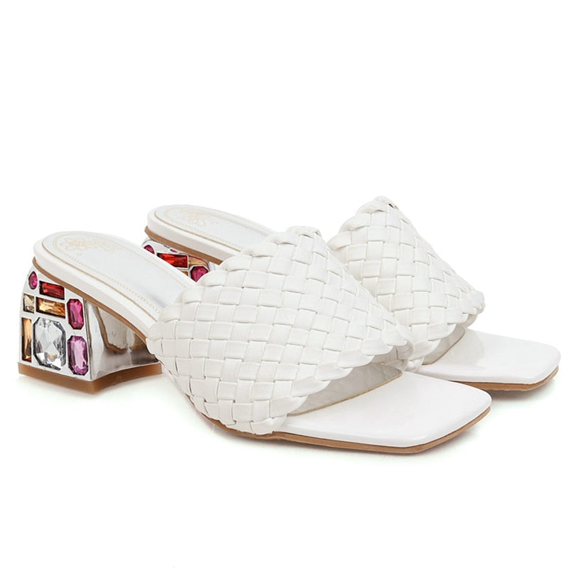 Rhinestones Braided Open Toe Chunky Heel Sandals