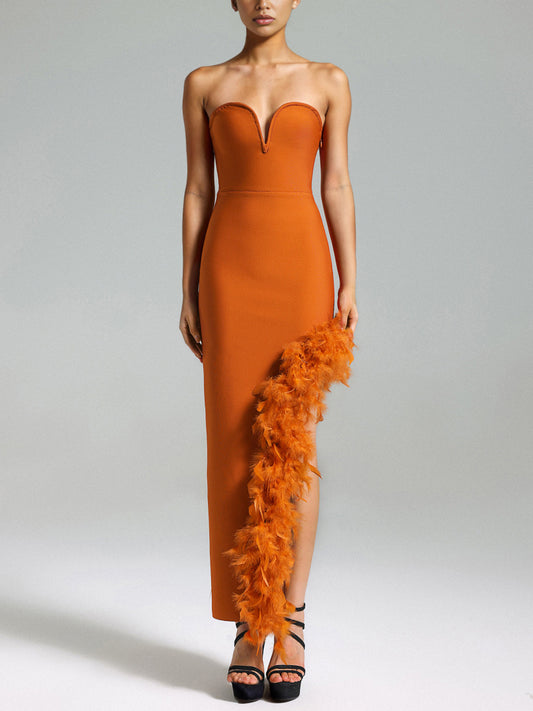 Strapless Bodycon Dress with Feathers