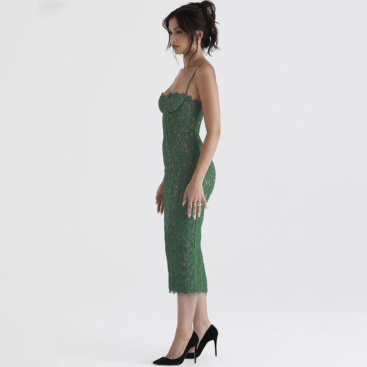 Lace Backless Slit Sleeveless Midi Dress