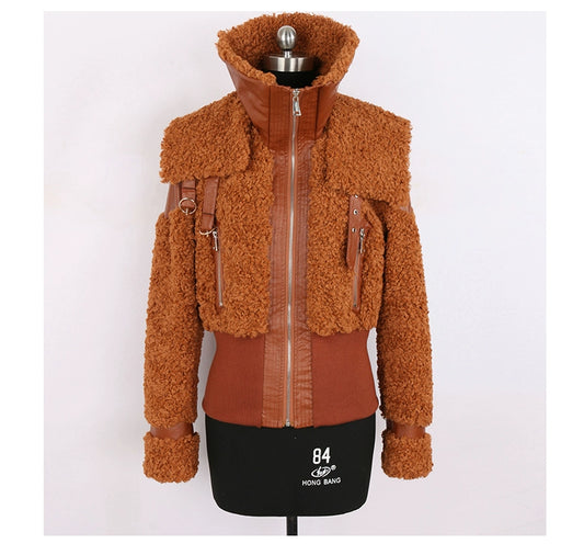 PU Leather Patchwork Faux Fur Fluffy Jacket