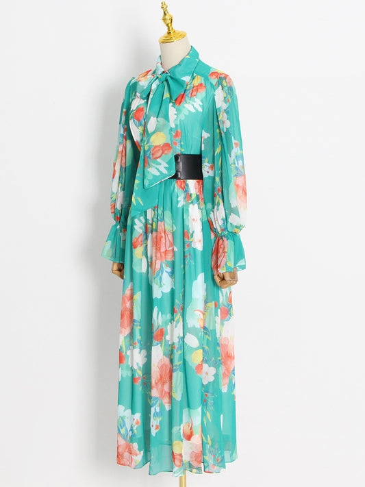 Floral Collared Bow Tie Midi Dress