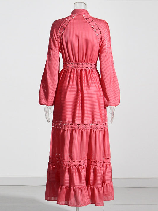 Embroidery Lantern Sleeve Openwork Maxi Dress