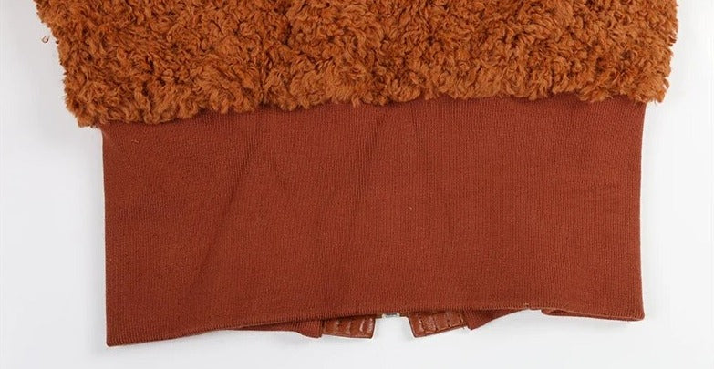 PU Leather Patchwork Faux Fur Fluffy Jacket