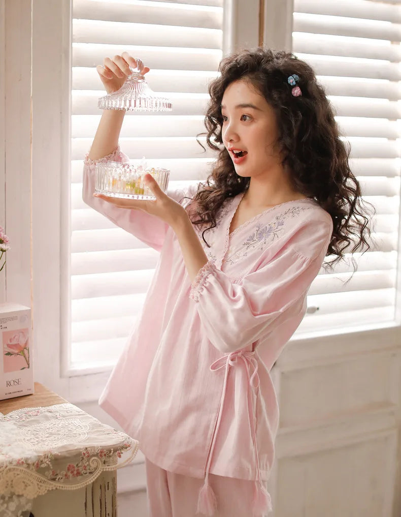 Embroidered Three-Quarter Sleeve Pajama Set