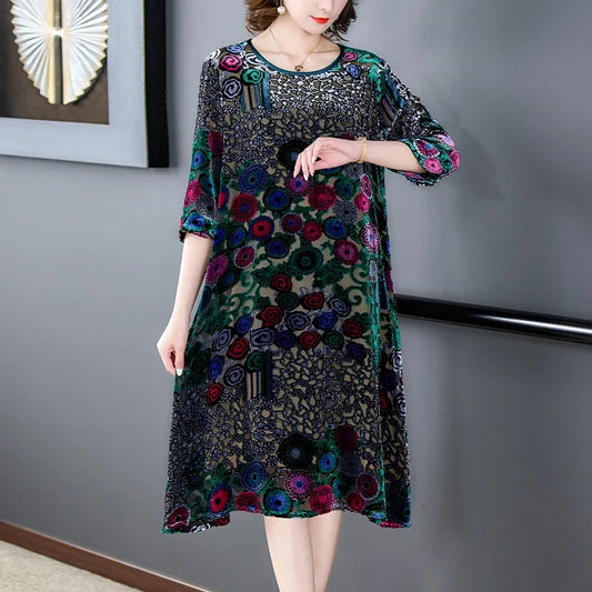 Floral Flocking Velvet Midi Dress