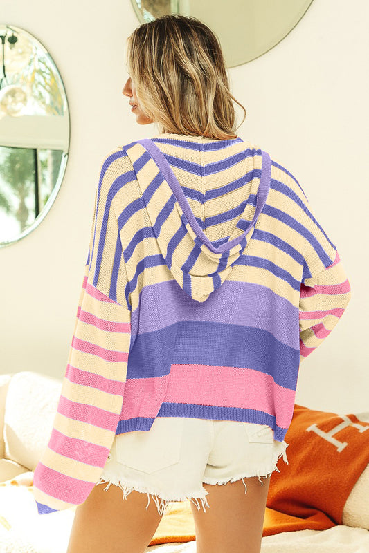Striped Color Block Hooded Knit Top