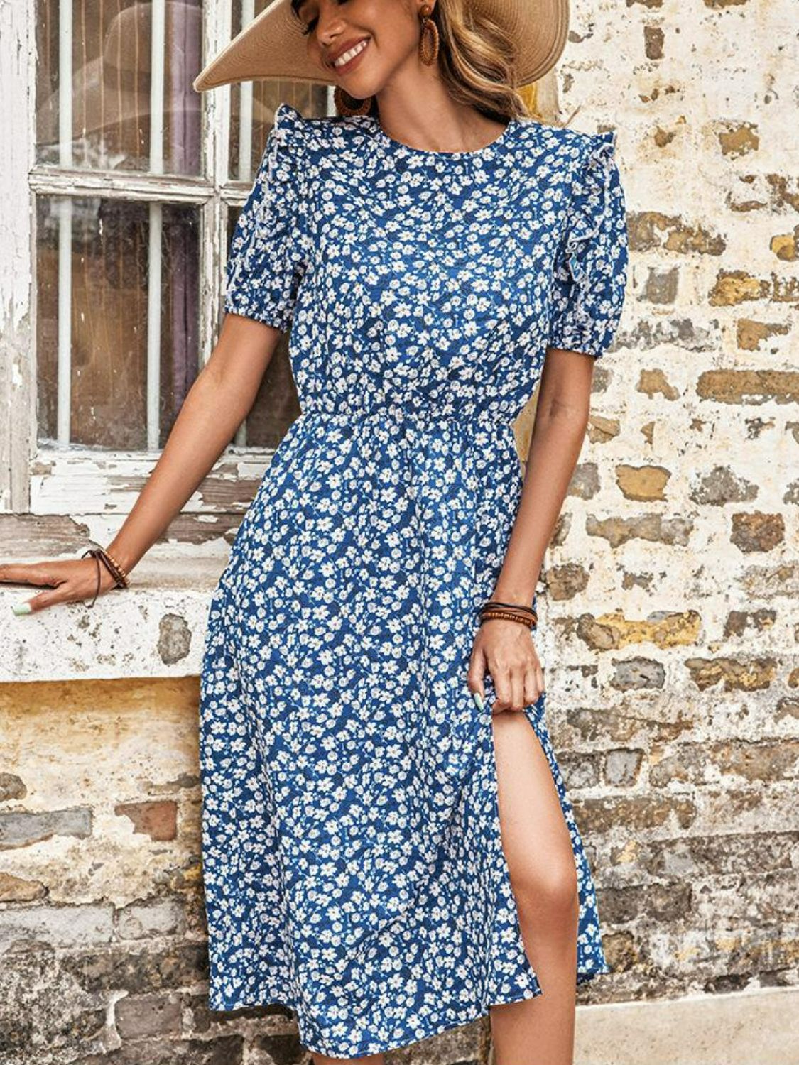 Woman wearing Blue Floral Midi Dress
