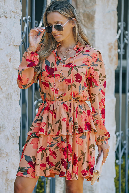 Floral Buttoned Puff Sleeve Layered Mini Dress
