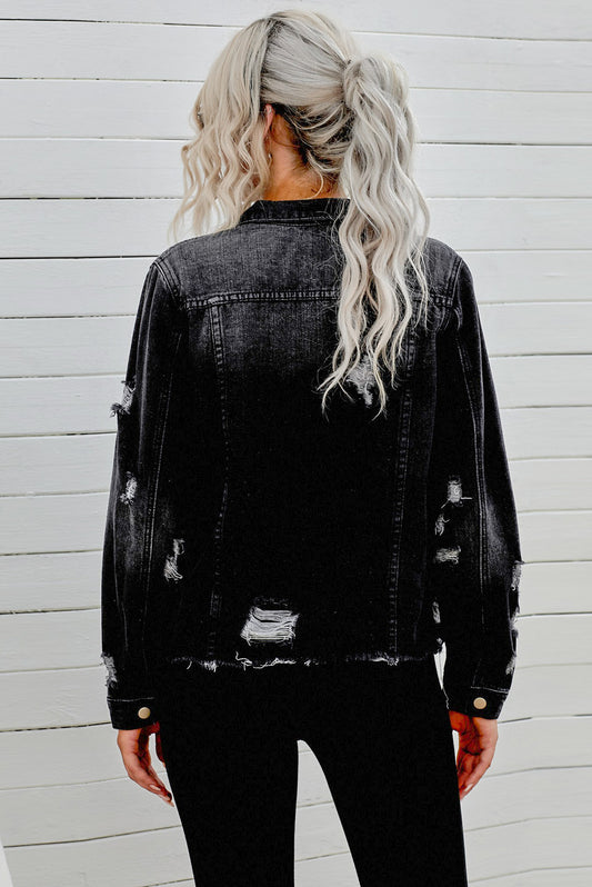 Distressed Raw Hem Buttons Denim Jacket