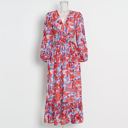 Printed V-Neck Puff Sleeve Cutout Maxi Dress