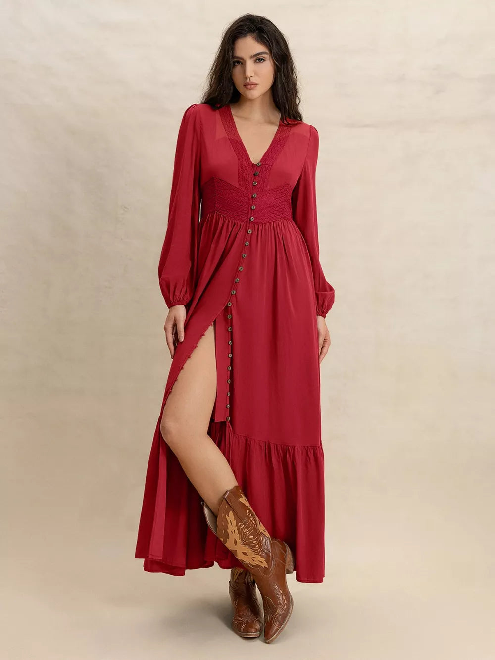 V-Neck Balloon Sleeve Ruffled Hem Maxi Dress