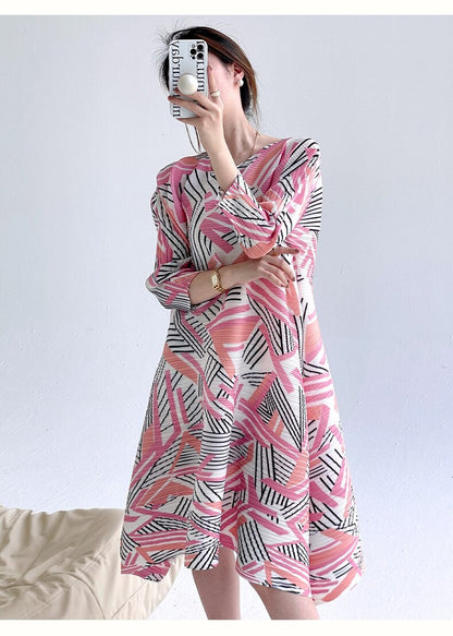 Miyake Pleated Round Neck A-Line Midi Dress